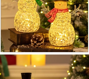 Close-up of LED snowman figurines with warm glowing lights on vintage books