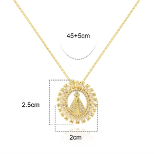 18K gold plated Virgin Mary necklace with micro-pave zircons on a white background