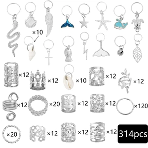 314-piece silver dreadlock hair jewelry set with assorted metal charms and rings