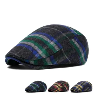 British style plaid wool flat cap in vintage gray and blue patterns for autumn and winter