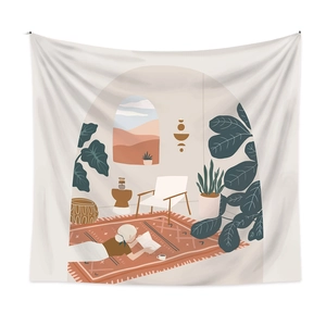 Detail of illustration tapestry showing a woman reading indoors with green plants