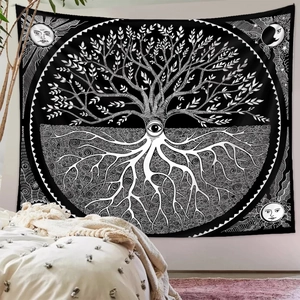 Detailed view of Tree of Life tapestry in black and white hanging in a bedroom