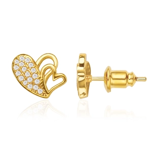 Golden double heart stud earrings with white zircon micro-inlay on white background