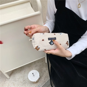 Japanese style canvas pencil case with cute embroidered cats and large capacity storage