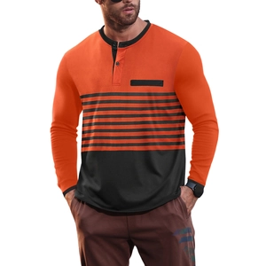 Men's slim fit V-neck long sleeve Henley shirt with orange and black striped contrast design