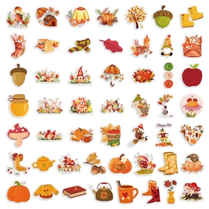 Detail of autumn watercolor PET stickers featuring pumpkins, foxes, and colorful leaves