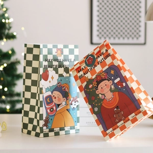 Christmas gift bags with checkerboard patterns and artistic cartoon illustrations