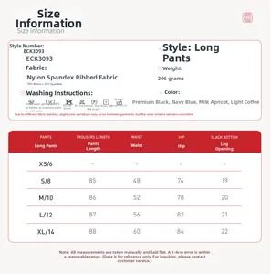 Size chart for high-waisted ribbed yoga leggings with fabric details and measurements