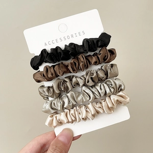 5-piece satin silk scrunchies set in neutral tones on white card for hair styling