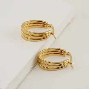 Boucles D'oreilles Créoles Épaisses Triple Couche En Forme De U Acier Inoxydable Plaqué Or 18K Pour Femmes