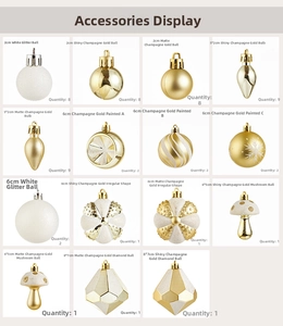 Detail view of champagne gold Christmas ornaments in various hand-painted shapes