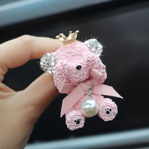 Pink rhinestone teddy bear car air vent clip with gold crown and pearl pendant