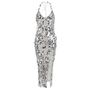 Silver sequin slit evening gown with halter neck and deep V-neckline on white background