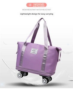 Macro shot of purple waterproof travel bag with spinner wheels and expandable bottom