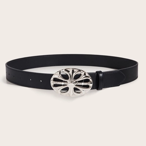Retro black leather belt with sparkling rhinestone encrusted silver hollow floral buckle