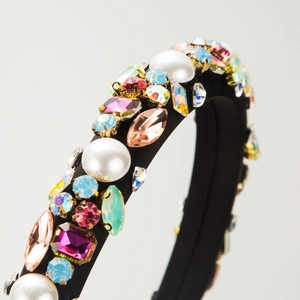 Luxury Baroque headband featuring colorful rhinestones and pearls on black satin