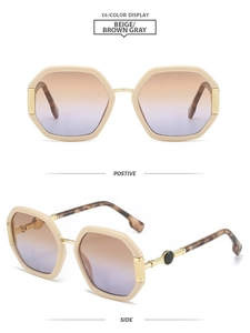 Detailed front and side view of beige octagonal sunglasses with tortoiseshell temples