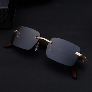 Premium rimless sunglasses with wood grain temples and grey lenses in a 45-degree studio view