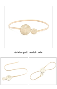 Detail of gold elastic waist chain featuring two textured circular metal plates on white background