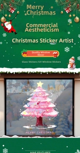 Detail von rosa Weihnachtsbaum-Fensteraufkleber mit Merry Christmas Gruß auf Glas