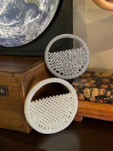 Handmade Beaded Handbag Faux Artificial Pearl Metallic Beads Hollow Round Handle Woven Evening Bag Vintage Niche Style For Women