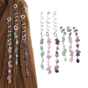 Vintage Dreadlock Hair Accessories Spiral Alloy Hair Rings With Natural Stone Pendants Bohemian Braiding Clips For Women