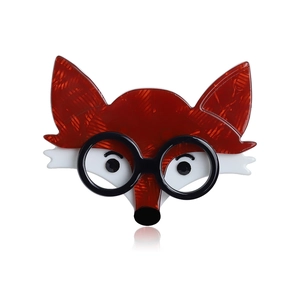 Fashionable acrylic fox head brooch with red textures and black round glasses for women