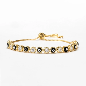 Detail of adjustable evil eye bracelet with colorful enamel and cubic zirconia stones