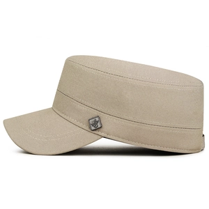 Men's khaki cotton flat top cadet cap with metal logo for outdoor sun protection