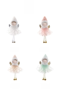 Detail of four colorful mesh tulle angel ornaments with knit hats and golden wings