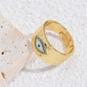 Golden open ring with geometric Evil Eye design and turquoise enamel finish