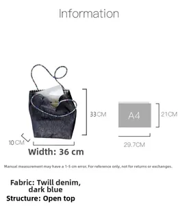 Vintage dark blue denim tote bag with detailed size dimensions and A4 comparison guide