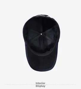 Detail of the corduroy baseball cap interior featuring reinforcement strips and lining