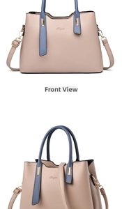 Detailed front view of two-tone beige and blue faux leather handbag with gold metal hardware