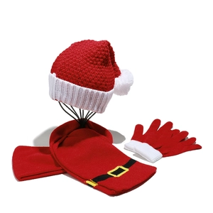 Red and white Christmas knit hat scarf and gloves set with festive patterns