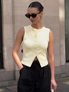 Débardeur En Tricot Pour Femmes Côtelé Sans Manches Gilet Boutonné Coupe Ajustée Streetwear Décontracté Été