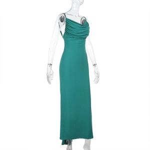 Detail view of the elegant cowl neck design on a teal backless slim-fit maxi dress