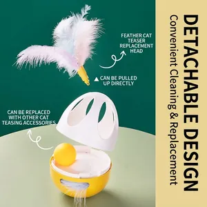 Electric egg-shaped cat tumbler toy with colorful feathers and detachable design