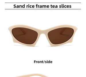 Front view of Y2K steampunk sunglasses with matte beige frames and brown lenses
