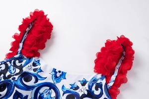 Detail of floral print neckline with red mesh ruffle straps on girls dress