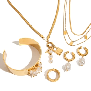 Parure Bijoux Femme En Acier Inoxydable Plaqué Or 18k Künstliche Perle Pendentif Cadenas Collier Bracelet Boucles