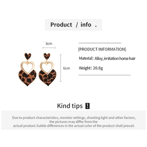 Detailed size specifications of leopard print heart earrings with alloy frame and dimensions