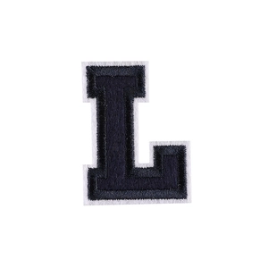 Dark blue embroidered letter L patch with white border for clothing and DIY decor