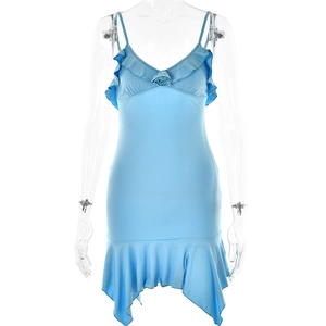 Sky blue V-neck camisole dress with 3D floral accents and asymmetrical ruffled hem