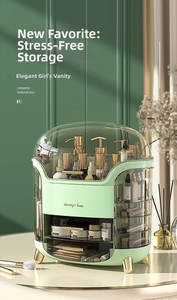 Detail eines luxuriösen mintgrünen Kosmetik-Organizers mit goldenen Füßen und Staubschutz