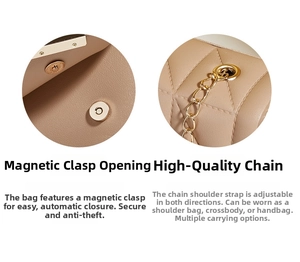Detail view of gold magnetic buckle and adjustable metal chain strap on beige crossbody bag