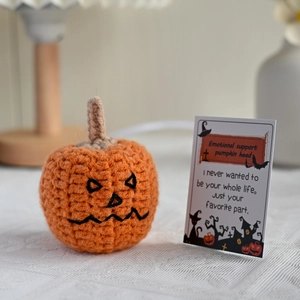 Handmade crochet orange pumpkin plush with emotional support message card gift set