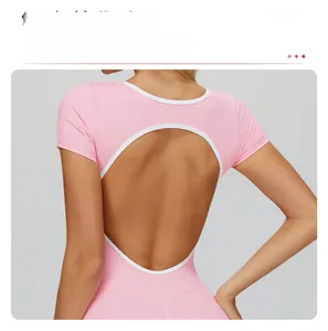 Pink athletic bodysuit featuring an oval back cutout and white contrast trim detailing