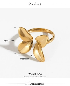 Detailed view of gold plated 316L stainless steel petal ring with 21mm height dimension
