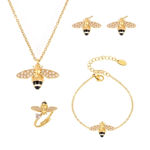 Golden stainless steel bee jewelry set with zircon necklace, bracelet, and open ring